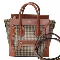 CELINE Nano Luggage Tote Bag Houndstooth Tweed Leather Brown #75595
