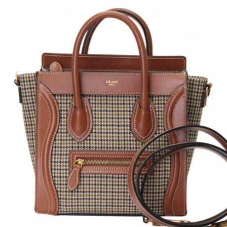 CELINE Nano Luggage Tote Bag Houndstooth Tweed Leather Brown #75595