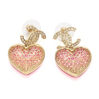 CHANEL CC Logo Heart Dangle Pierced Earrings Crystal Gold-toned C23P #75670