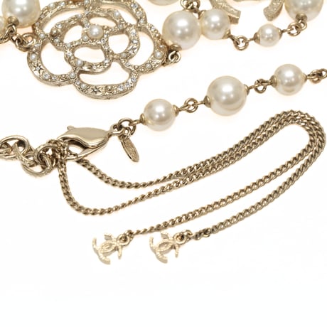 CHANEL Coco Mark Camellia Long Necklace Crystal Faux Pearl Gold-toned A13P ＃76600