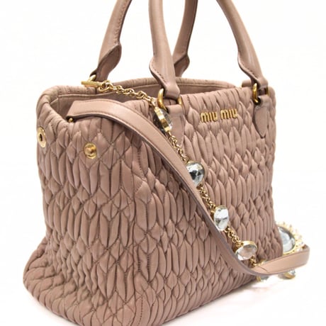 Miu Miu Matelasse Satchel Bag with Bijou Chain Nappa Leather Pink Beige #75575