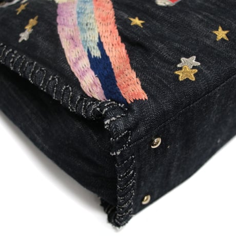 CHANEL Night Flight Tote Bag Embroidered Denim Indigo #75773