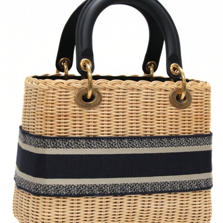 Christian Dior Medium Lady Dior Handbag Wicker Oblique Canvas Navy #75313