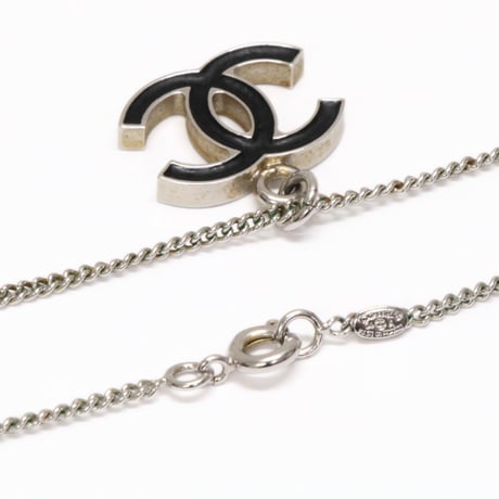 CHANEL CC Logo Pendant Necklace Silver-toned Black 04A #75674