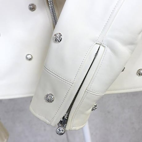 Chrome Hearts Leather Biker Jacket Cross Ball Buttons White ＃104206