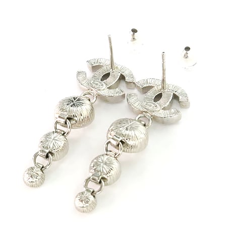 CHANEL CC Logo Dangle Pierced Earrings Crystal Silver-toned B23S #19976