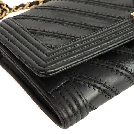 CHANEL Chevron Boy Wallet on Chain Bag Leather Black #20229
