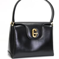 GUCCI Turnlock Top Handle Flap Bag Leather Black #76529