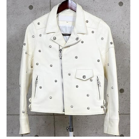 Chrome Hearts Leather Biker Jacket Cross Ball Buttons White ＃104206