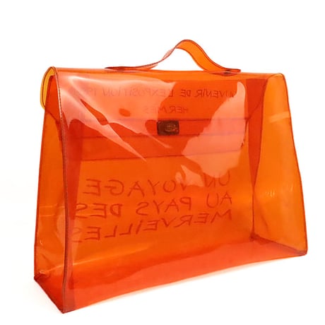 HERMES Kelly Handbag Transparent Vinyl Souvenir De L'Exposition Orange #19557