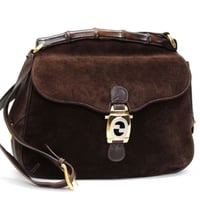 GUCCI Interlocking G Flap Shoulder Bag Suede Leather Brown #76537