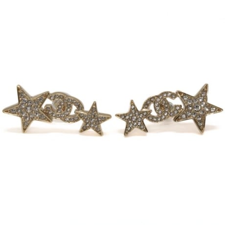 CHANEL CC Logo Star Motif Pierced Earrings Crystal Gold-toned B23C #76294