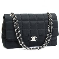 CHANEL Chocolate Bar Easy Flap Bag Quilted Nylon Black #76434