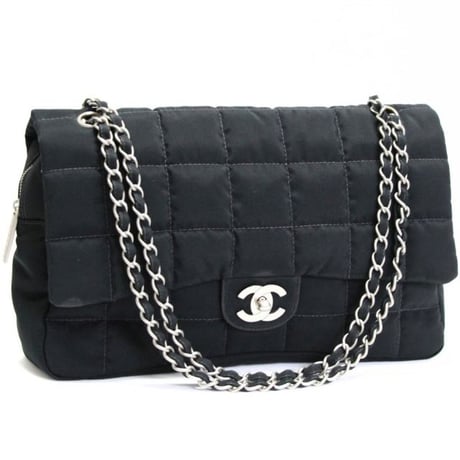 CHANEL Chocolate Bar Easy Flap Bag Quilted Nylon Black #76434