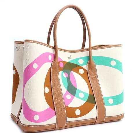HERMES Garden Party PM Tote Bag Canvas with "H au Pas" Negonda Leather Beige Gold ＃20014