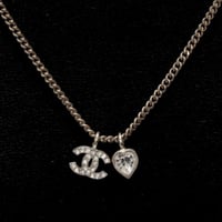 CHANEL CC Logo Heart Pendant Necklace Crystal Silver-toned D11C #76306