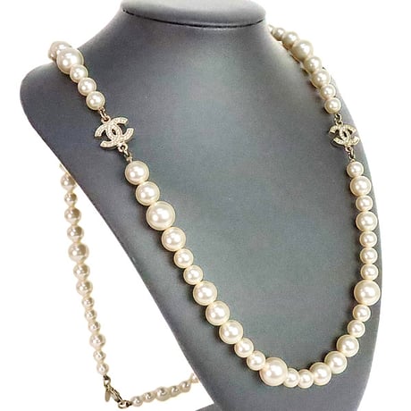 CHANEL Coco Mark Necklace Faux Pearl Crystal Champagne Gold-toned A11P ＃20312