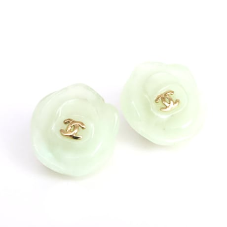 CHANEL CC Logo Camellia Clip-on Earrings Gold-toned Rasin 02P #19975