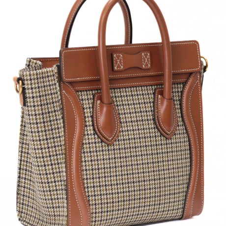 CELINE Nano Luggage Tote Bag Houndstooth Tweed Leather Brown #75595