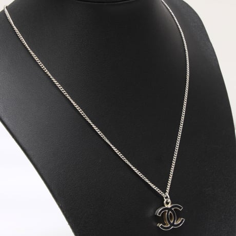 CHANEL CC Logo Pendant Necklace Silver-toned Black 04A #75674