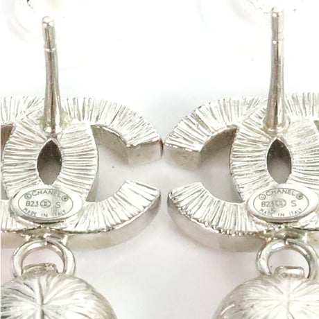 CHANEL CC Logo Dangle Pierced Earrings Crystal Silver-toned B23S #19976
