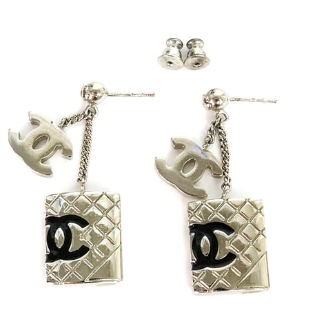 CHANEL Cambon CC Logo Dangle Pierced Earrings Silver-toned 05C #19977