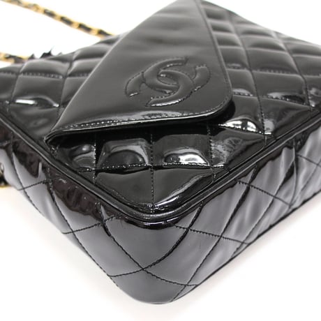 CHANEL Camera Bag with Fringe Charm Quilted Patent Black #75560