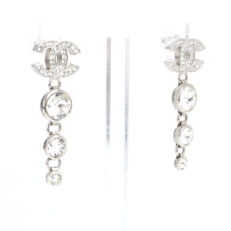 CHANEL CC Logo Dangle Pierced Earrings Crystal Silver-toned B23S #19976