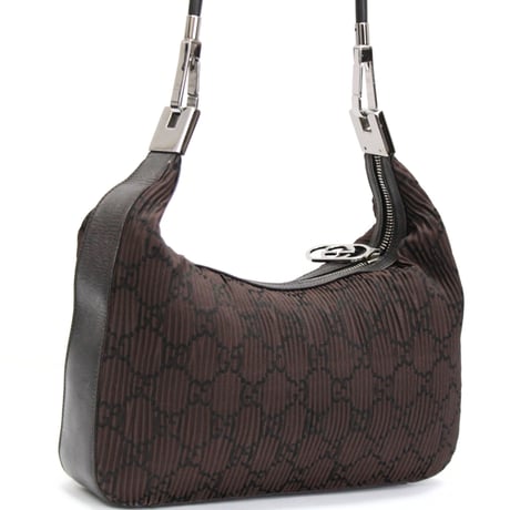 GUCCI Clasp Hobo Shoulder Bag Pleated GG Nylon Brown #76566
