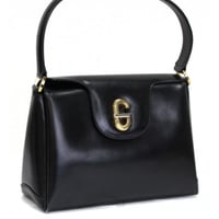 GUCCI Vintage Turnlock Flap Handbag Leather Black #75969