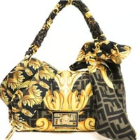FENDI x VERSACE FENDACE Mamma Baguette Bag Quilted Printed Silk 8BR600 #19656