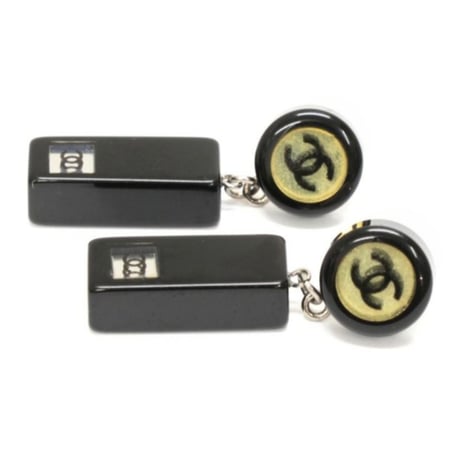 CHANEL CC Logo Dangle Pierced Earrings Silver-toned Resin 01P #76297