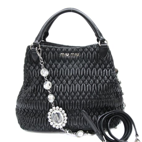 Miu Miu Matelasse Handbag with Bijou Chain Nappa Leather Black #76083