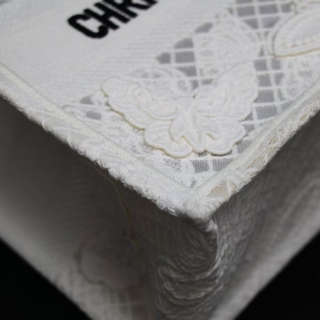 Christian Dior Small Book Tote Bag D-Lace Butterfly Canvas White #76138