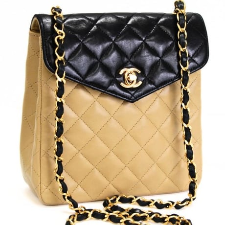 CHANEL Envelope Flap Bag Quilted Lambskin Bicolor Beige Black ＃75664