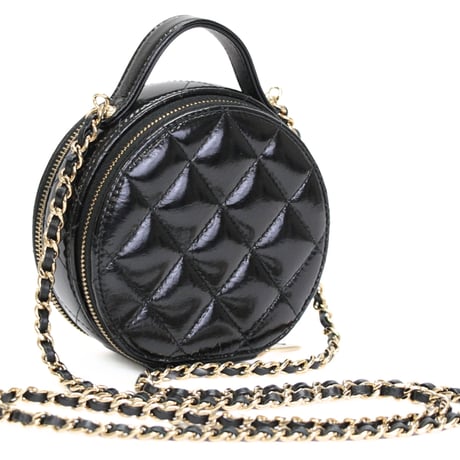 CHANEL Mini Round Vanity Bag with Chain Quilted Glazed Lambskin Black #76198