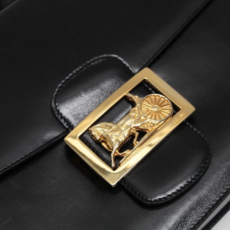 CELINE Horse Carriage Hardware Flap Shoulder Bag Leather Black #76539