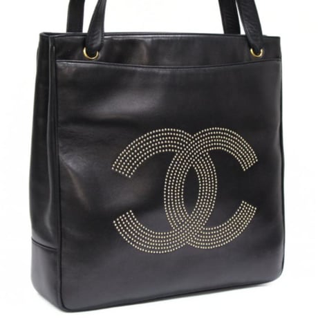 CHANEL CC Studded Large Tote Bag Leather Black #75705
