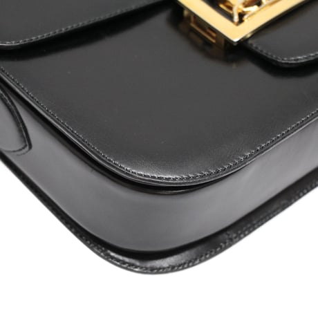 CELINE Horse Carriage Hardware Flap Shoulder Bag Leather Black #76539