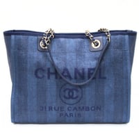 CHANEL Medium Deauville Tote Bag Striped Cotton Canvas Blue #75681