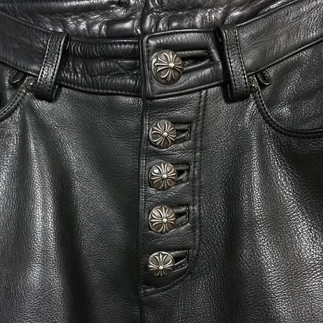 Chrome Hearts Flearknee Heavy Leather Pants with Cross Patches#103652