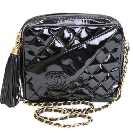 CHANEL Camera Bag with Fringe Charm Quilted Patent Black #75560