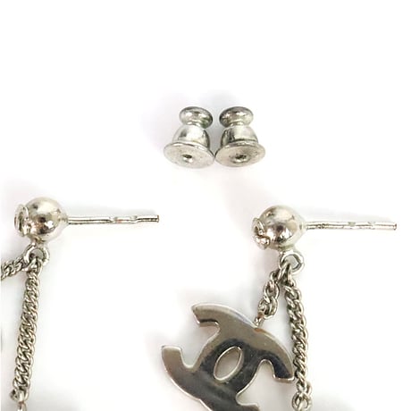 CHANEL Cambon CC Logo Dangle Pierced Earrings Silver-toned 05C #19977
