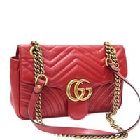 GUCCI Medium GG Marmont Flap Bag Quilted Leather Red #76730