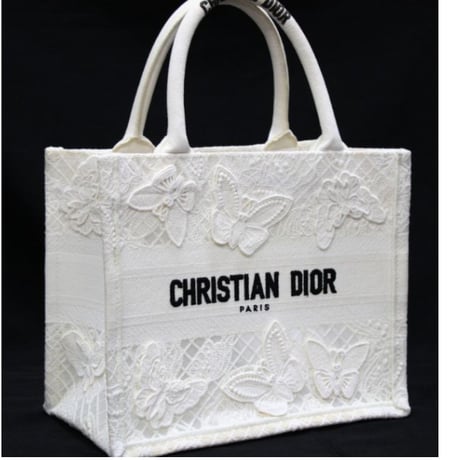 Christian Dior Small Book Tote Bag D-Lace Butterfly Canvas White #76138