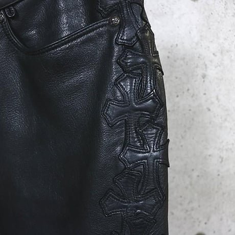 Chrome Hearts Flearknee Heavy Leather Pants with Cross Patches#103652