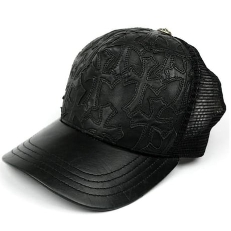 Chrome Hearts Cemetery Cross Leather Patch Mesh Trucker Hat Cap Black #104248