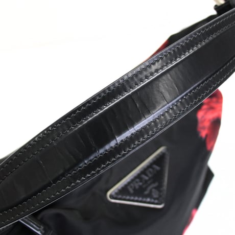 PRADA Shoulder Bag Floral Nylon Black Red #75516