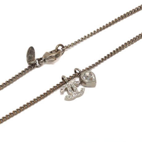 CHANEL CC Logo Heart Pendant Necklace Crystal Silver-toned D11C #76306