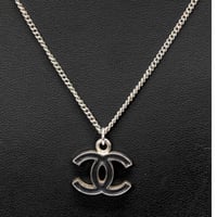 CHANEL CC Logo Pendant Necklace Silver-toned Black 04A #75674